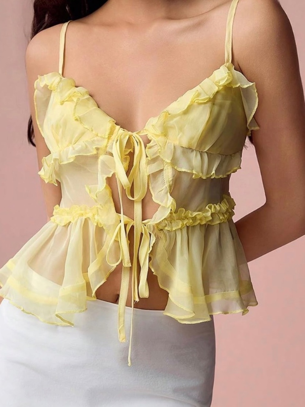 MakeMeChic Yellow Tie Front Mesh Babydoll Cami NWT